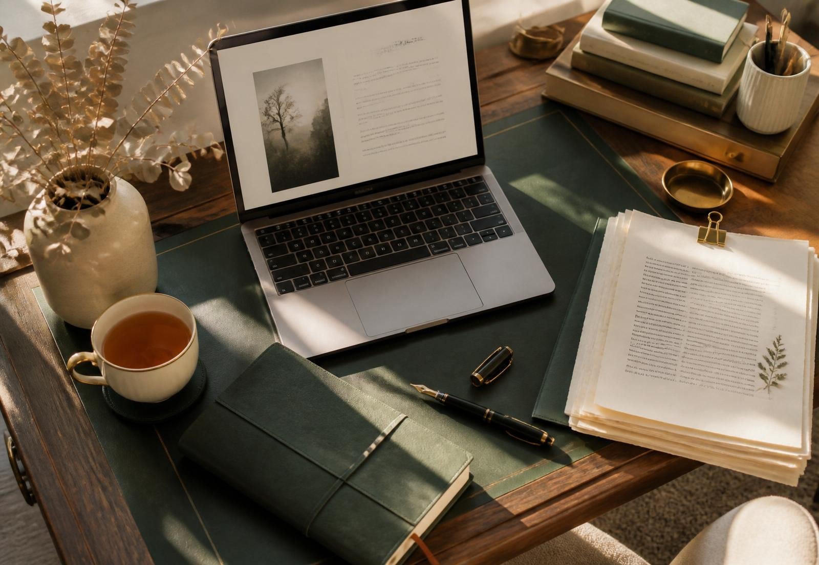 Editorial writing desk with laptop, notebook, fountain pen and manuscript pages